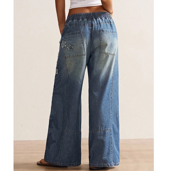 Western Star Print Patch Stretchy Waist Wide leg Denim Jean Pants - Picture 8 of 9